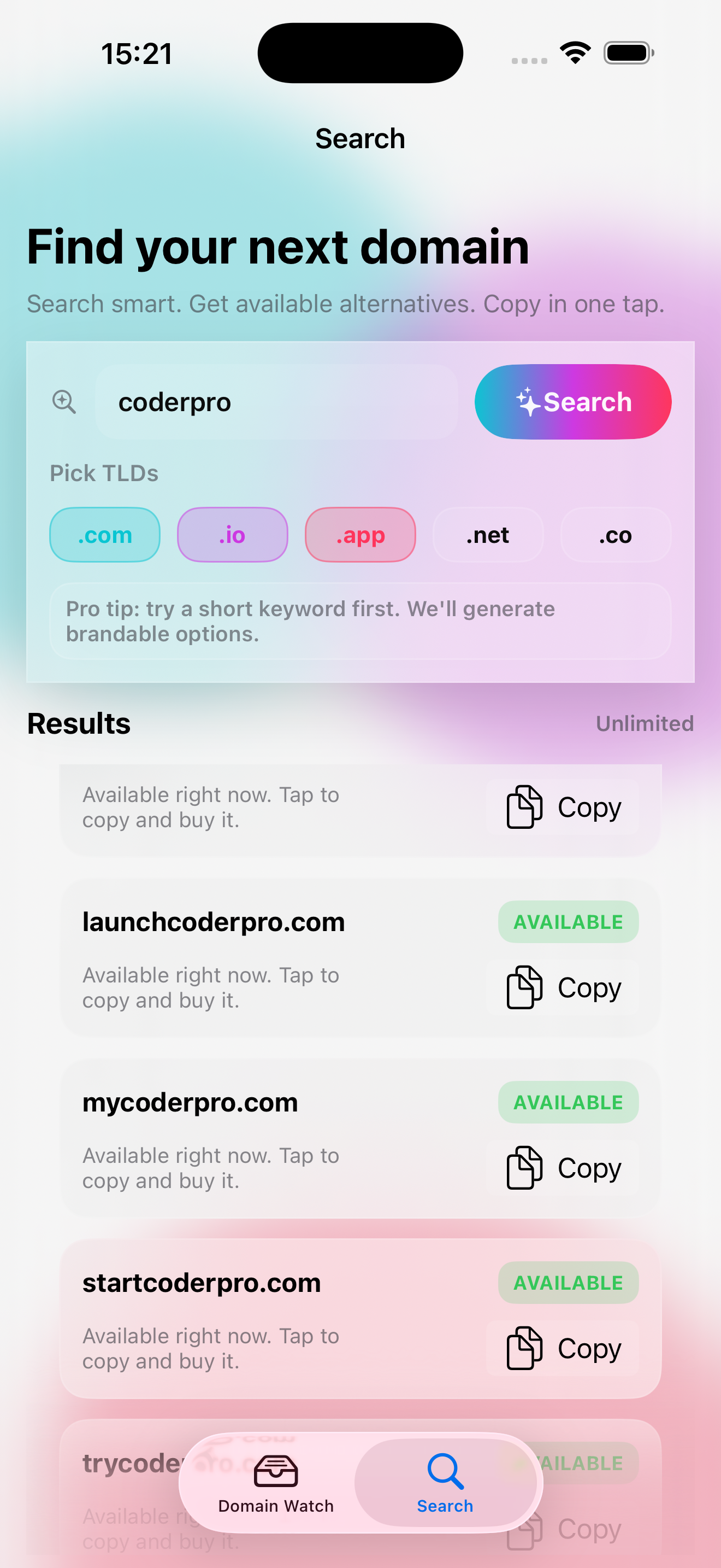 Domain Watch iOS app – domain name availability search screen