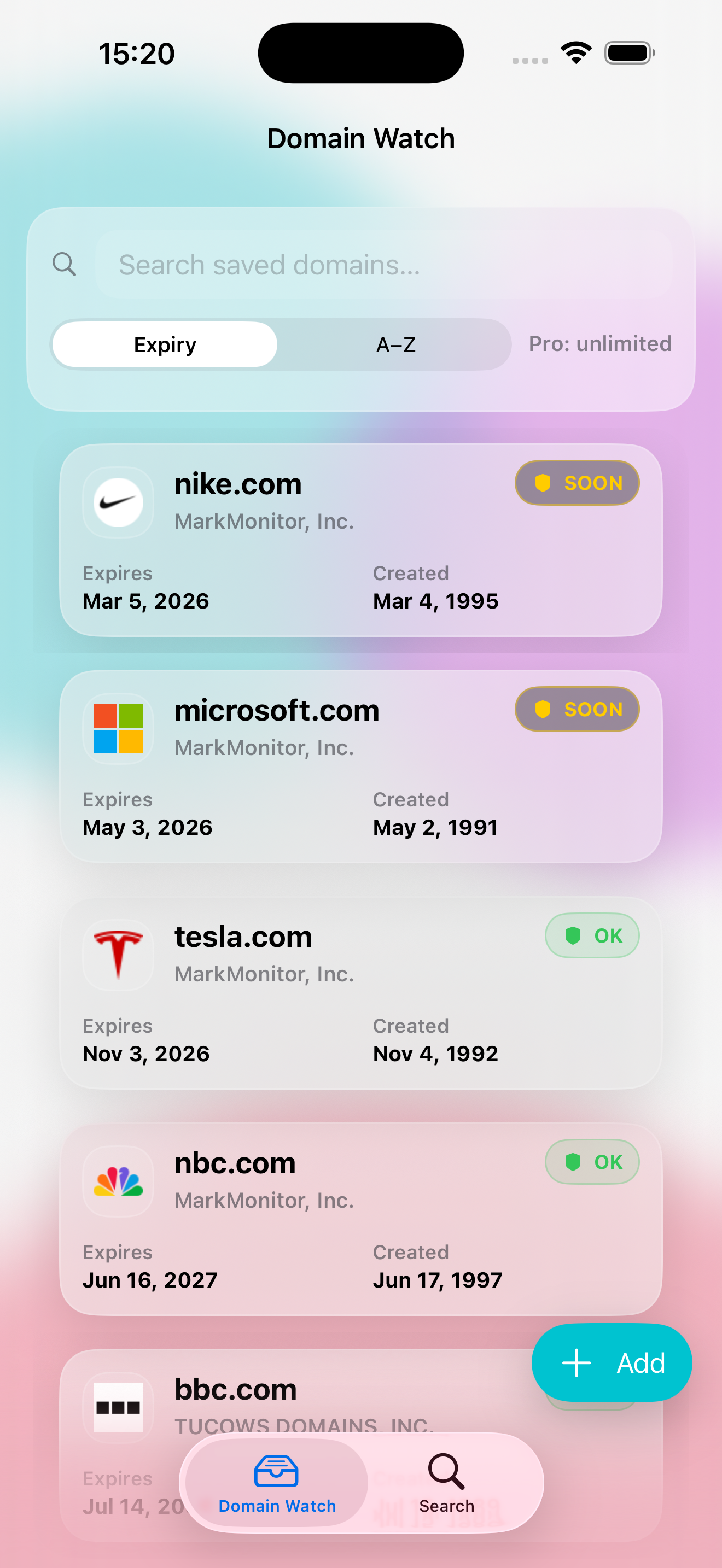 Domain Watch app – domain watchlist screen for monitoring favorite domains